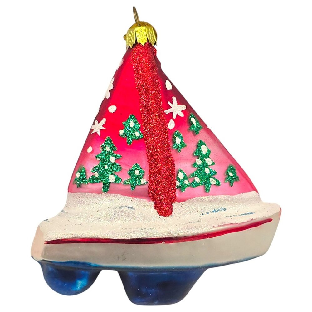 KSA Kurt Adler Sailboat Christmas Ornament Red White Glitter Accents Blown Glass